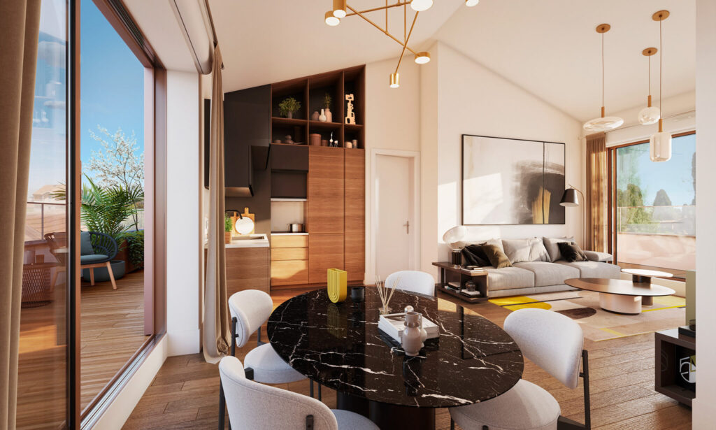 Intérieur lumineux d'un appartement neuf avec cuisine ouverte, séjour et grande baie vitrée donnant sur une terrasse, résidence Allée Gloria à Toulouse.