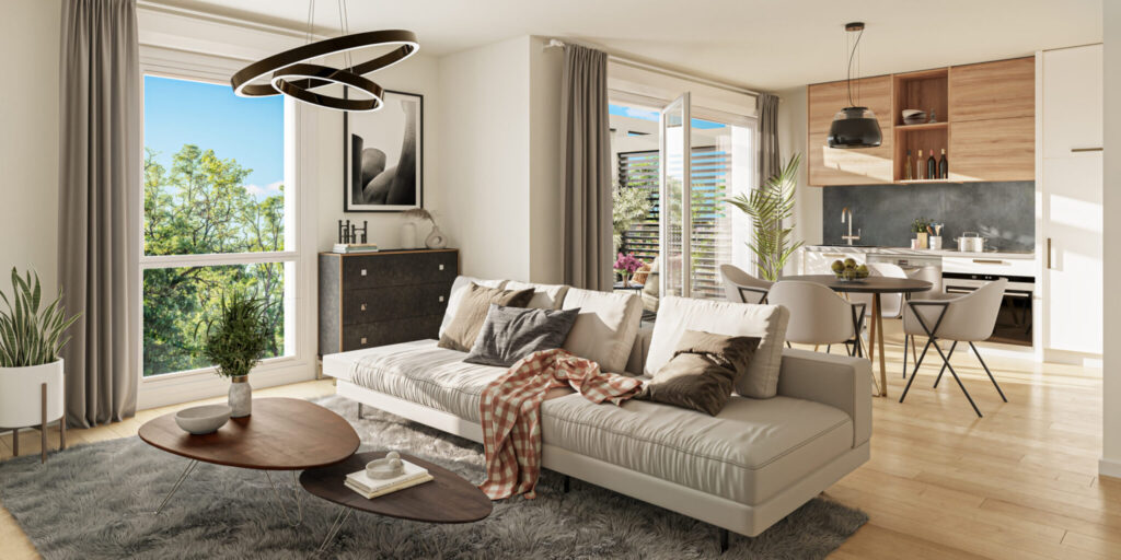 Aménagement intérieur d'un appartement T3 du programme neuf ROSAE à Toulouse. Salon spacieux et lumineux avec parquet, cuisine ouverte moderne en bois et blanc, ouvrant sur une terrasse via une large porte-fenêtre.