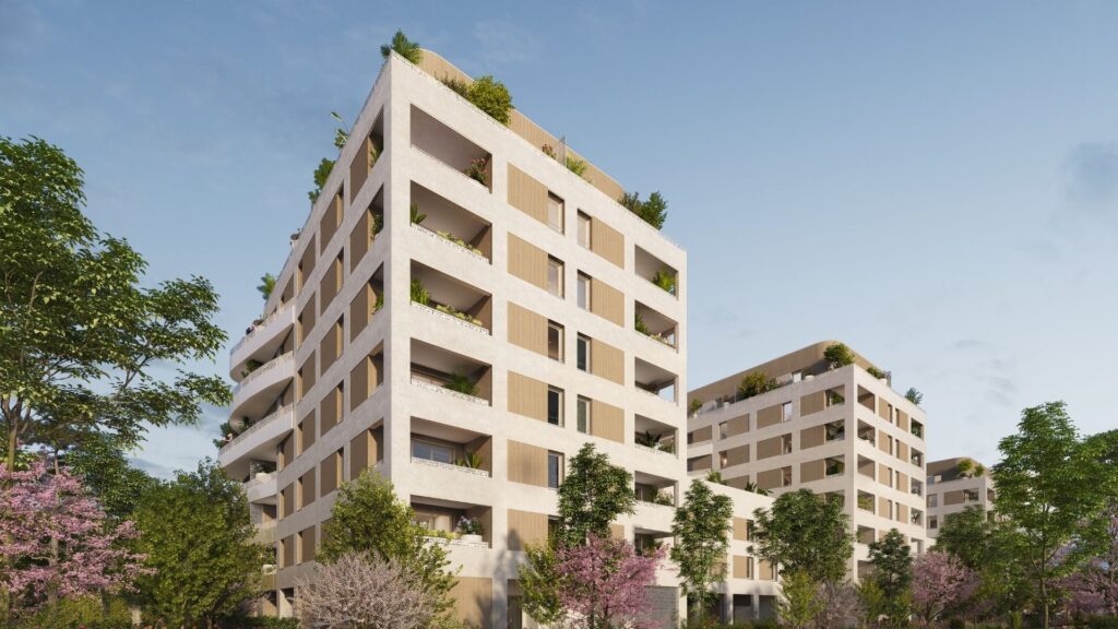 Perspective architecturale du programme Nouvel’Ere à Toulouse montrant des bâtiments résidentiels aux façades claires et texturées, entourés d'arbres en fleurs et d'espaces verts