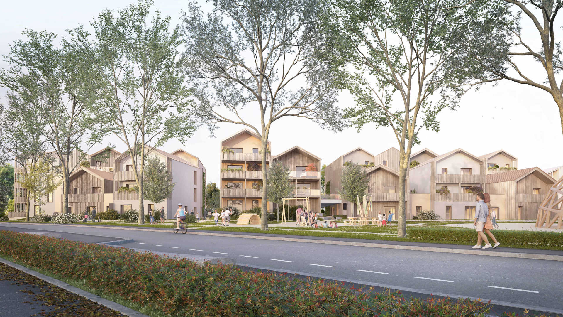 Illustration d'une résidence neuve éligible loi Jeanbrun à Vannes : architecture moderne en bois, balcons et cœurs d'îlots végétalisés.
