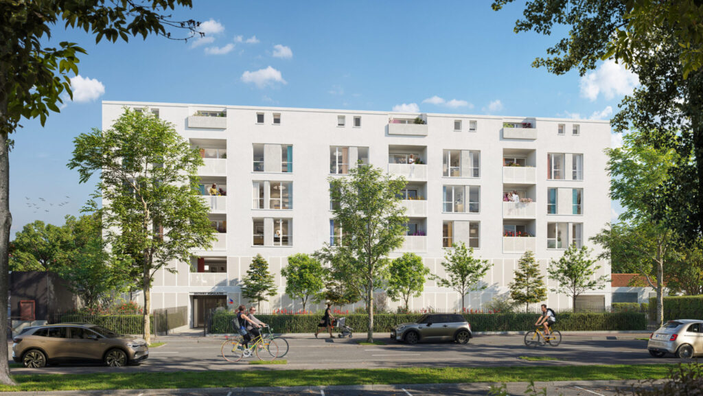 Perspective de la façade du programme immobilier neuf ROSAE à Toulouse : architecture contemporaine blanche, balcons intégrés et environnement urbain végétalisé.