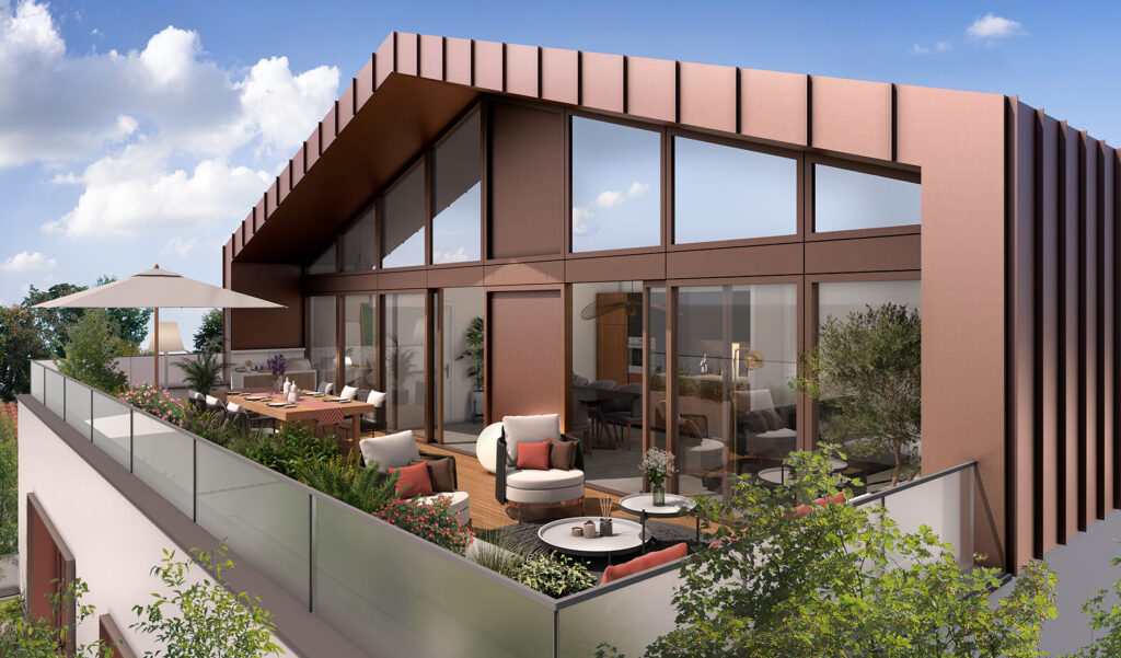 Vaste terrasse aménagée en attique avec toiture en zinc sur la résidence neuve Allée Gloria à Toulouse.