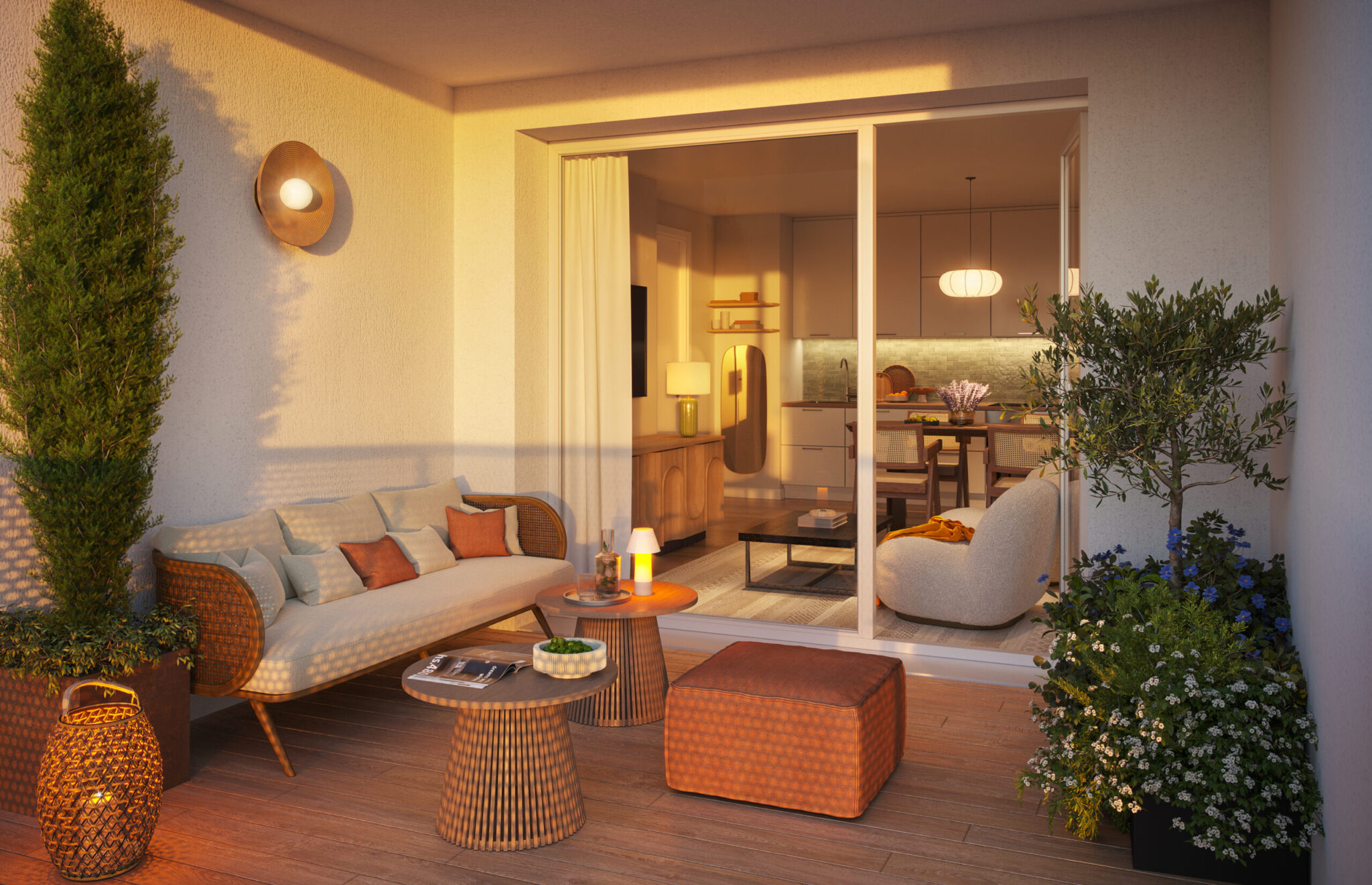 "Intérieur contemporain du programme immobilier ROSAE à Toulouse : salon spacieux baigné de lumière naturelle et cuisine ouverte design.