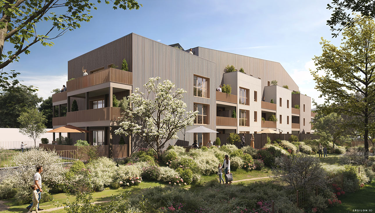 Vue 3D de la résidence neuve Blüm à Angers : architecture en bois avec de profonds balcons s'ouvrant sur un cœur d'îlot richement végétalisé et fleuri.