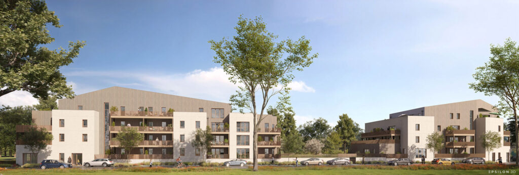 Façade sur rue des deux bâtiments de la résidence Blüm à Angers : architecture contemporaine mêlant tuffeau et bois, séparée par une percée paysagère