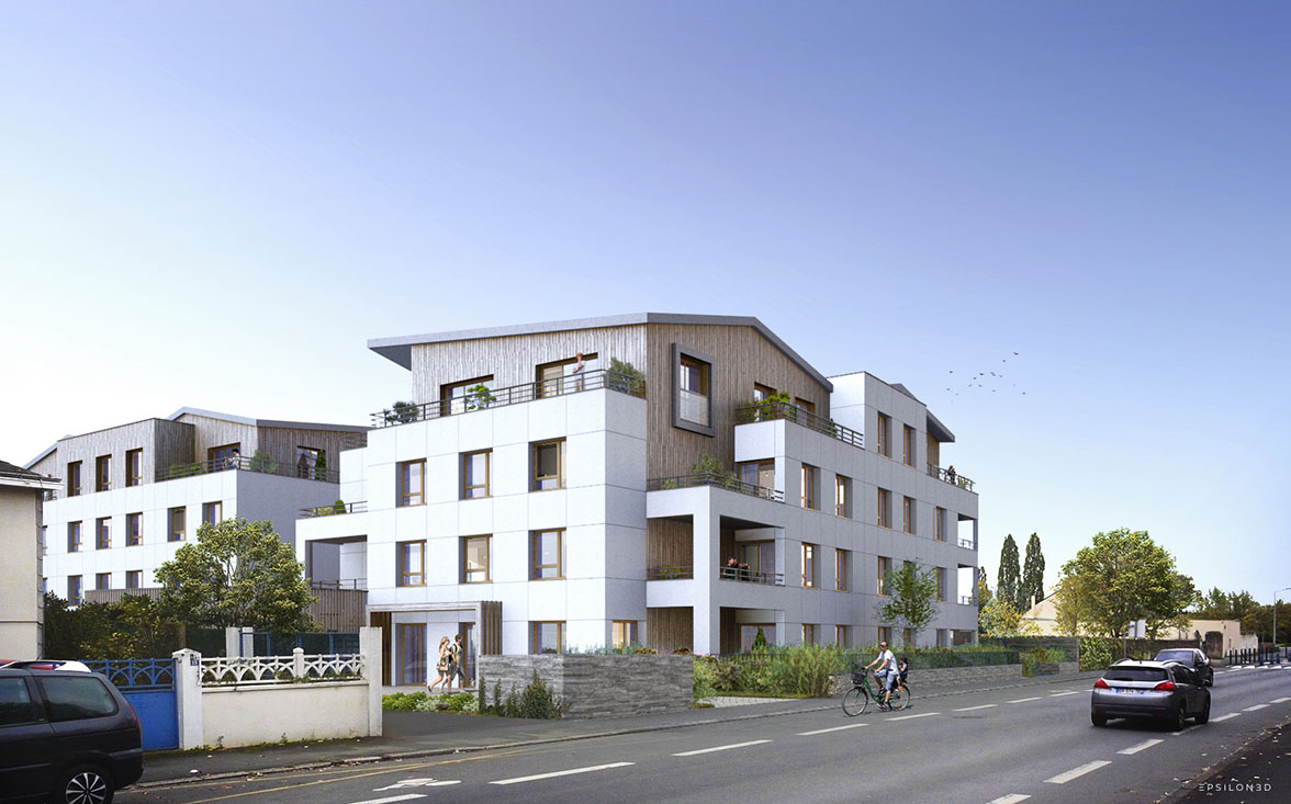 Vue 3D de la résidence DOMAINE à Angers : architecture contemporaine avec façades blanches, bardage bois en attique, balcons et aménagement paysager sur rue.