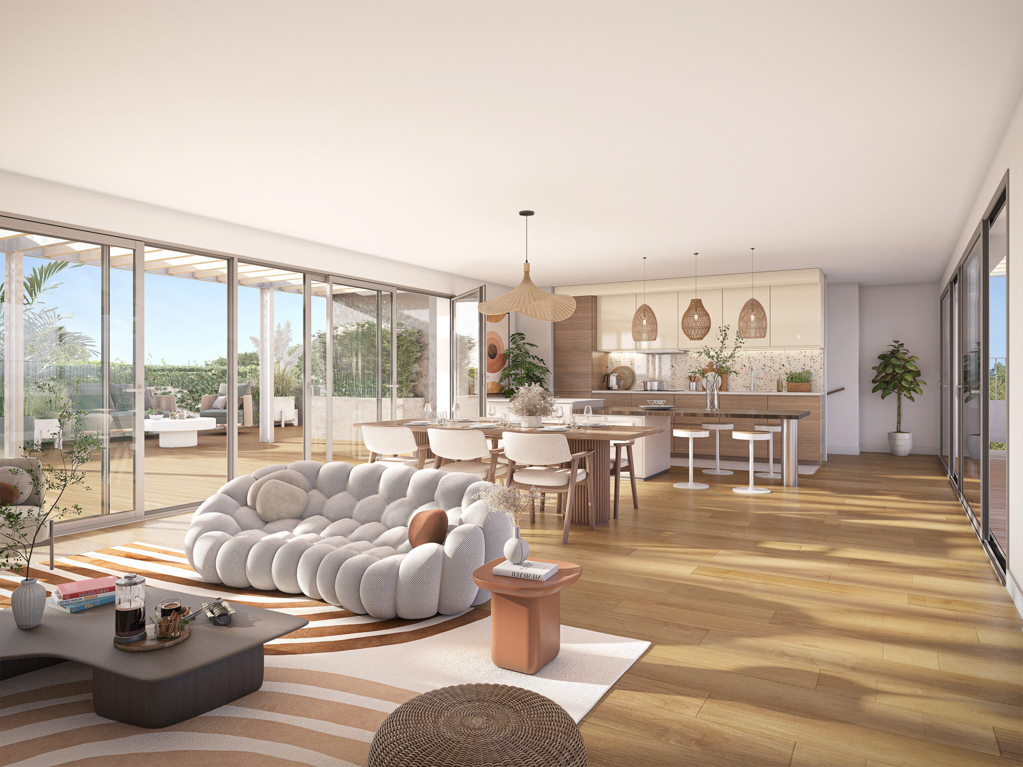 Salon spacieux et lumineux d'un appartement neuf à Bordeaux, avec canapé design, salle à manger et cuisine ouverte, s'ouvrant par de grandes baies vitrées sur une terrasse.