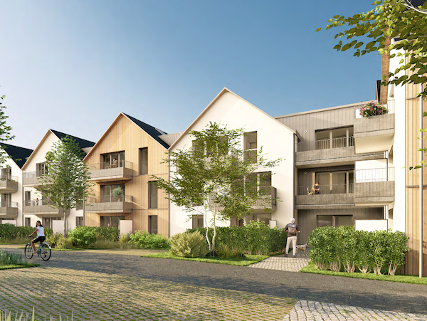 Façade avant des logements Les Longères d'Orgemont à Angers, mettant en valeur une architecture inspirée des longères traditionnelles, intégrée dans un environnement paysager avec un cheminement piéton.