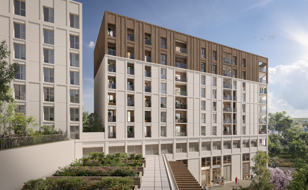 Illustration architecturale de la façade principale de la résidence Pulsations à Bordeaux, montrant des balcons végétalisés, des jardins suspendus en terrasse et un mélange de revêtements blancs et bois.