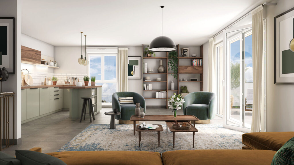 Aménagement intérieur d'un appartement lumineux du programme Pulsations, présentant un salon moderne ouvert sur une cuisine équipée, avec de larges baies vitrées donnant sur une terrasse.