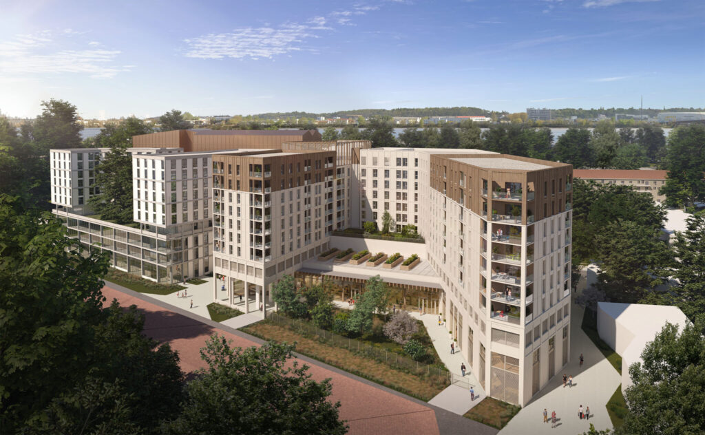 Vue aérienne 3D de l'ensemble immobilier Pulsations à Bordeaux, mettant en avant sa structure en gradins, son cœur d'îlot végétalisé et sa proximité avec les bords de la Garonne.
