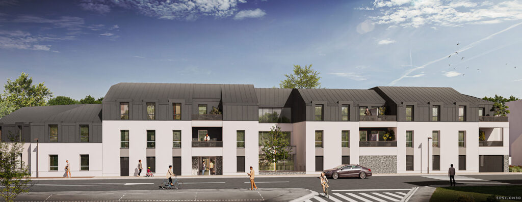 Vue 3D de la façade principale de la résidence SILVER 50 à Angers : bâtiment moderne avec enduit blanc, toiture en zinc et balcons, donnant sur rue.