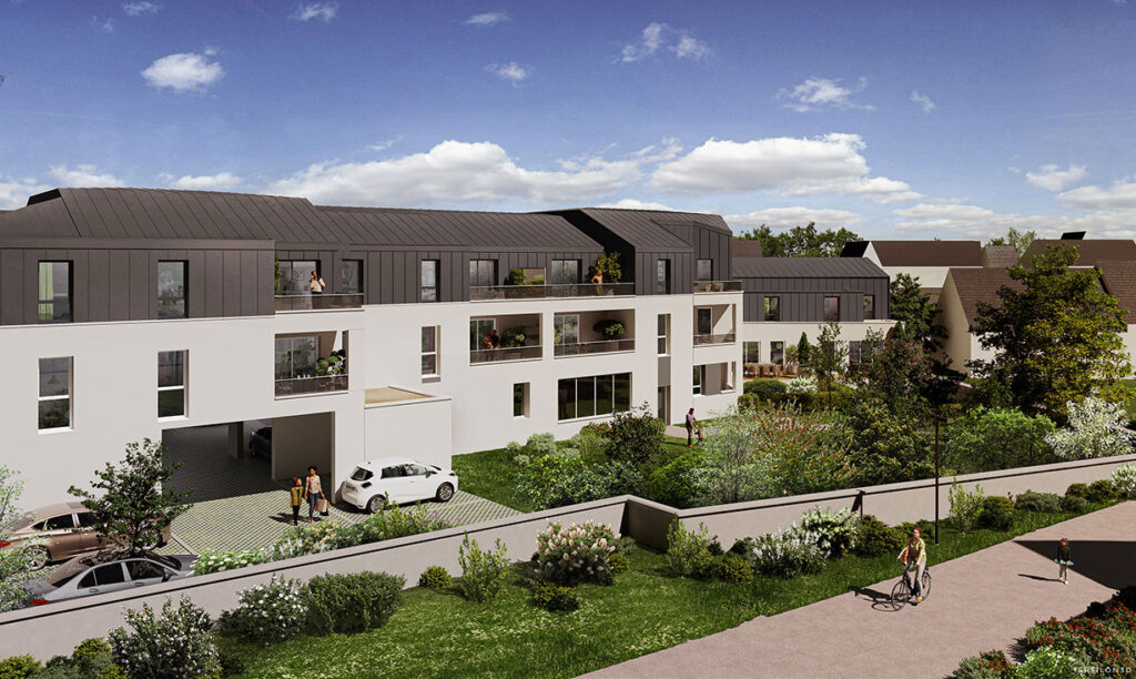 Vue 3D de la façade arrière de la résidence SILVER 50 à Angers : balcons et terrasses ouverts sur un grand jardin paysager arboré avec accès parking.