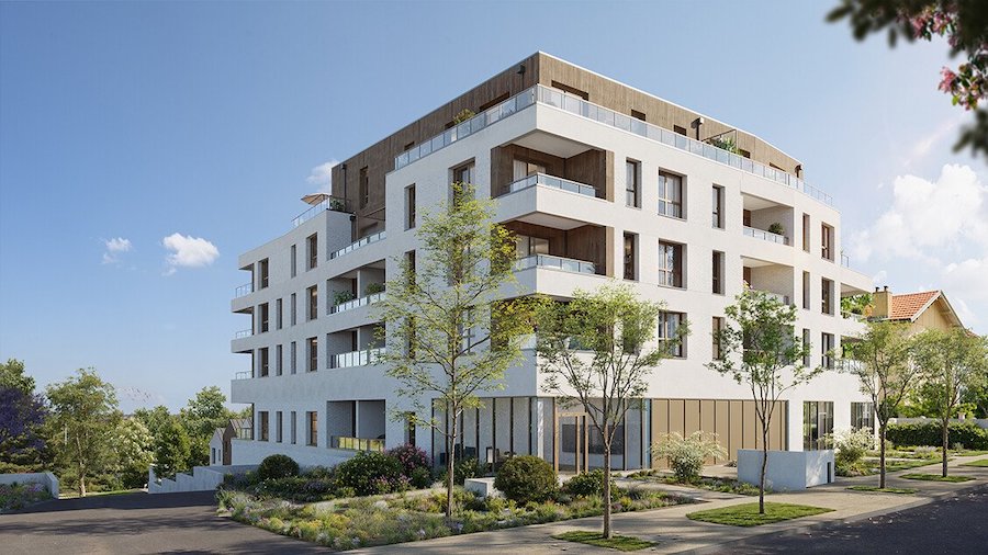 Vue extérieure de la résidence moderne Pré-Vincent avec ses façades blanches, ses balcons vitrés, son dernier étage en bardage bois et ses espaces verts paysagers