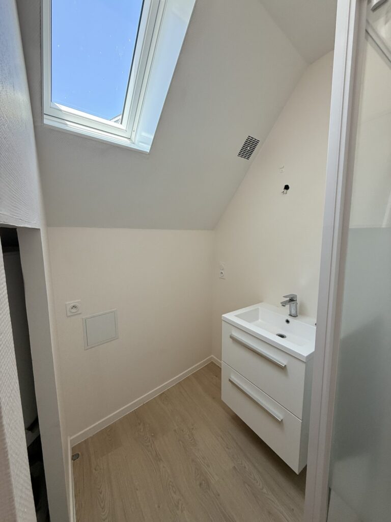 Salle d'eau rénovée avec Velux neuf, douche et meuble vasque, T3 rue du Château Nantes